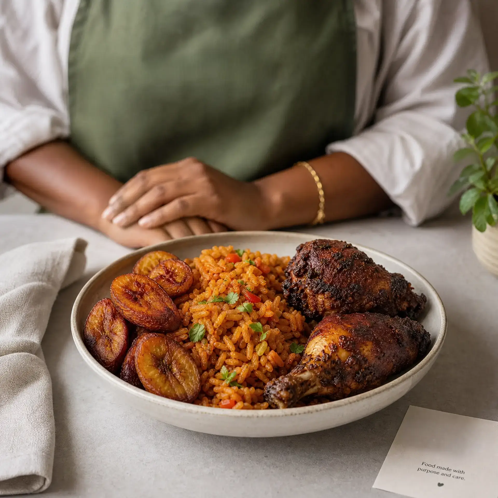 A large plate of jollof rice, seasoned roasted chicken drumsticks, and fried plantains sits on a table in front of a person wearing a green apron.