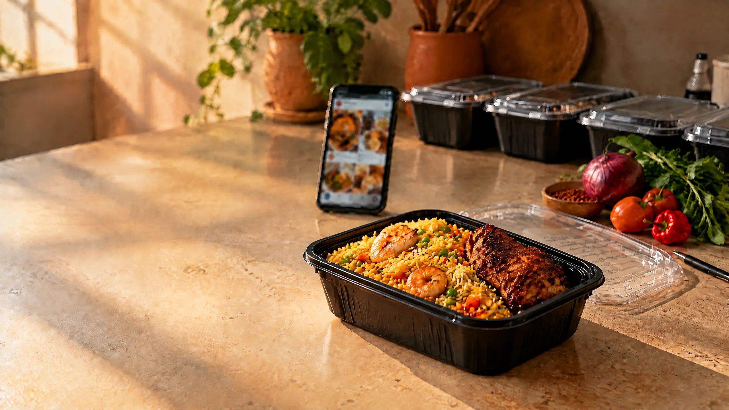 A close-up, high-angle shot shows a prepared meal in a black compostable container on a textured, light-colored kitchen counter.The meal features fried rice, a grilled chicken, fried shrimp, and vegetables. In the background, a smartphone stands upright, displaying food images. Next to it are three more sealed meal containers, a small wooden bowl containing spices, a whole red onion, fresh tomatoes, and green herbs. A handwritten note with a pen sits beside the main dish. The scene is illuminated by warm, soft sunlight streaming in from the left, casting long shadows.