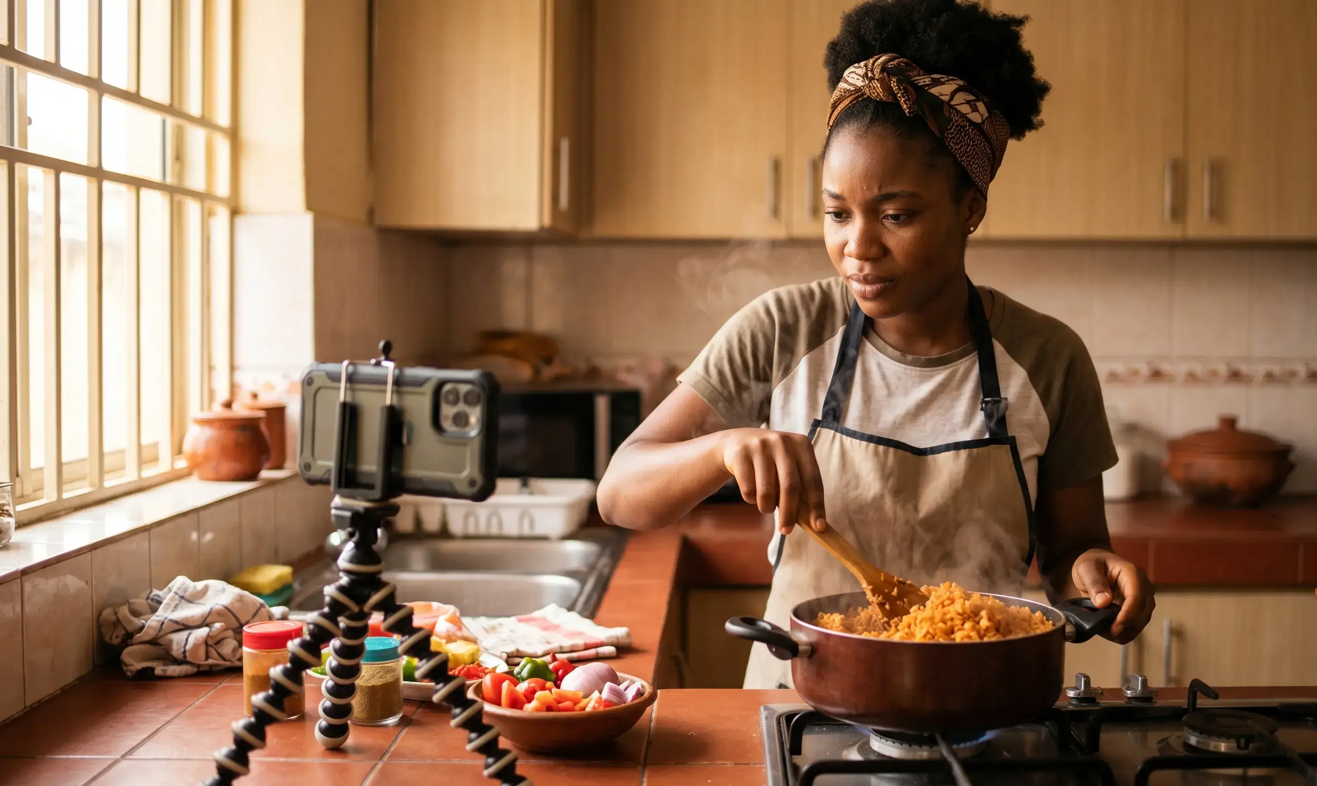 A young Black woman in an apron stirs a steaming pot of rice on a stovetop while recording a cooking video on a smartphone mounted on a flexible tripod.