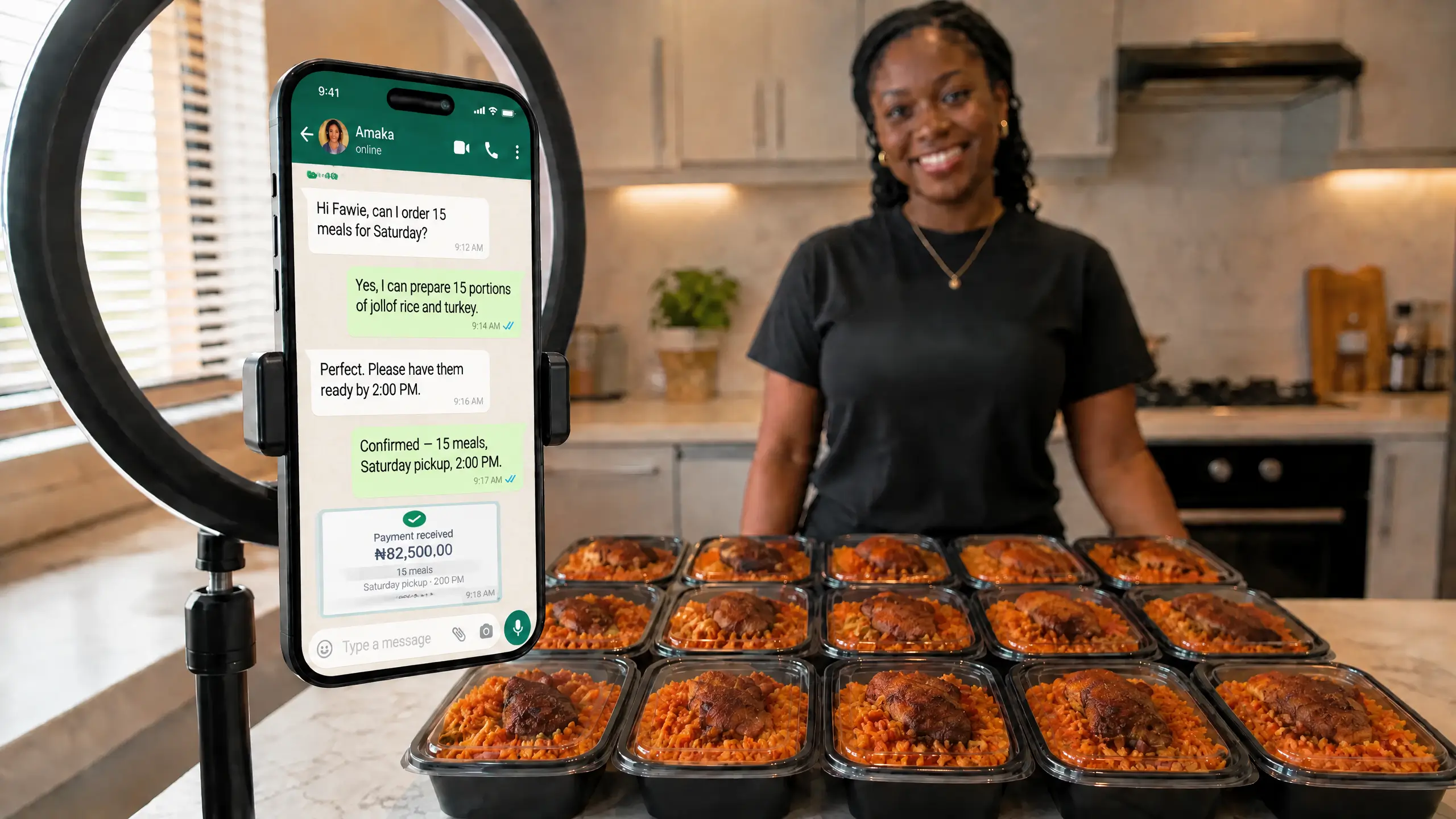 A woman stands in a kitchen behind rows of prepped meals, next to a smartphone displaying a chat order confirmation and payment.