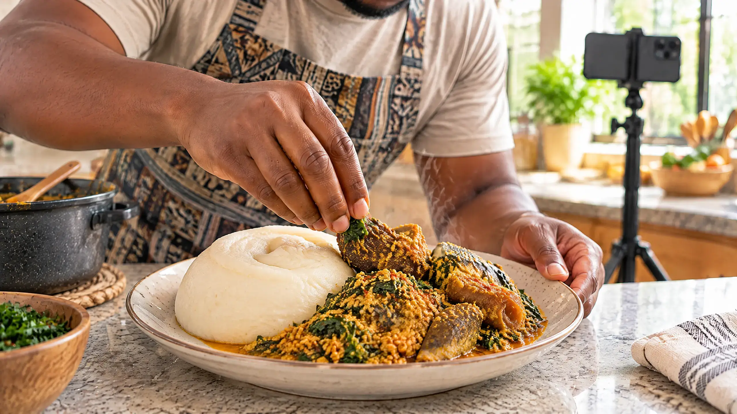 Close-up of a Nigerian food creator plating smooth pounded yam beside rich egusi soup with leafy greens, meat, and fish in a bright home kitchen, with a smartphone recording setup softly visible in the background.